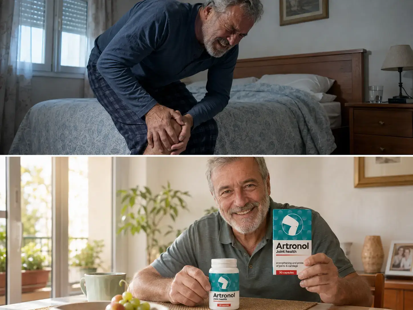 Collage español: el dolor limita el día y escena positiva con el producto