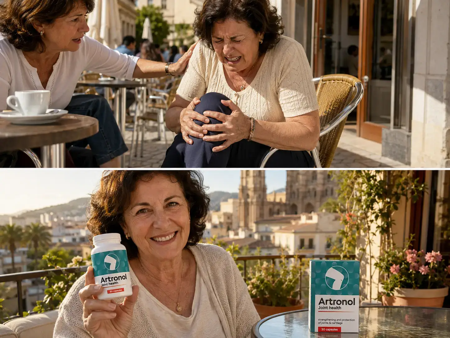 Collage español: fuerte dolor de rodilla y escena con Artronol