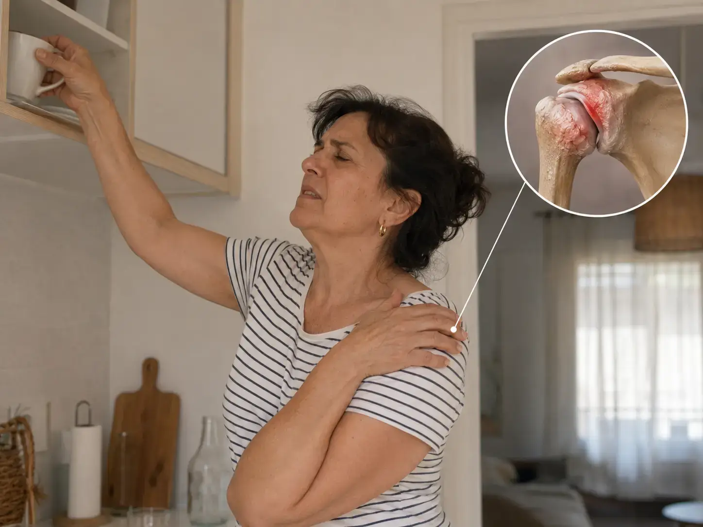 Mujer siente dolor en la articulación del hombro